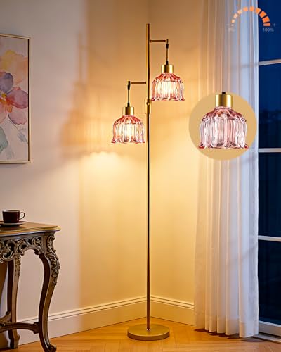 Image of 2-Light Modern Glass Floor Lamp, Gold Tall Standing Lamp with Deep Red Flower Glass Shade for Reading, Dimmable LED Floor Lamp with 5Lbs Heavy Base for Living Room Bedroom Home Decor, Bulb Included