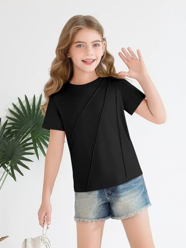 Haloumoning Girls Pleated Short Sleeve T Shirts Kids Summer Fashion Crewneck Tees Tops 5-14 Years3