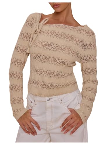 Milumia Women's Long Sleeve Boat Neck Sheer Sweaters Bow Knot Slim Fit Casual Pullovers