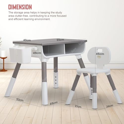 Image of BAYBEE Brilo Kids Study Table for Students with Chair, 3 Height Adjustable Table & Storage | Desk & Chair Set for Kids at Home or School | Reading & Writing Study Table (Wooden Grey)