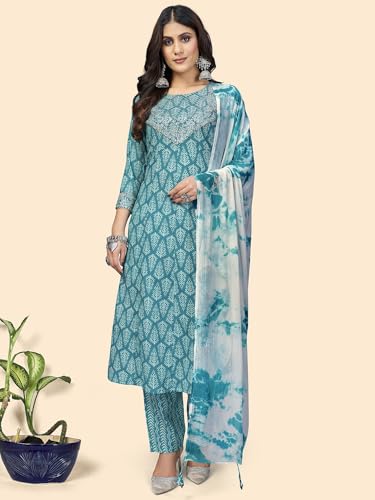 Image of Vbuyz Women's Cotton Printed A-Line Regular Fit Kurta Pant with Dupatta