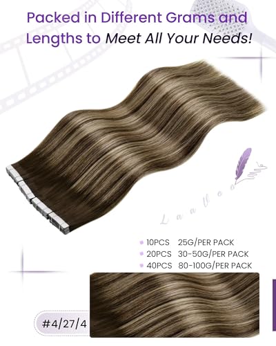 Image of LaaVoo Balayage Hair Extensions Tape in Real Human Hair Tape in Hair Extensions Brown to Caramel Blonde with Dark Brown Tapes on Extensions Invisible Hair 20 Inch 40pcs 100g