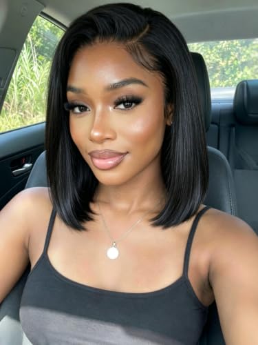 Image of KLAIYI Bye Bye Slip Straight Bob Wigs Human Hair Side Part Glueless Precut 6x4 Lace Front Wigs Drawstring Pre Plucked Bleached Knots Sleek Blunt Cut 30S Ready to Wear and Go Wig 220% Density 12Inch
