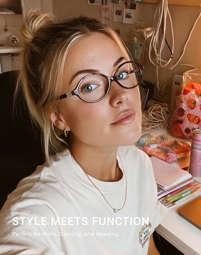 Image of Slocyclub 2 pack Oval Blue Light Blocking Glasses for Women | Filters harmful blue light, reduces eye strain, Vintage oval frame, Lightweight for daily wear