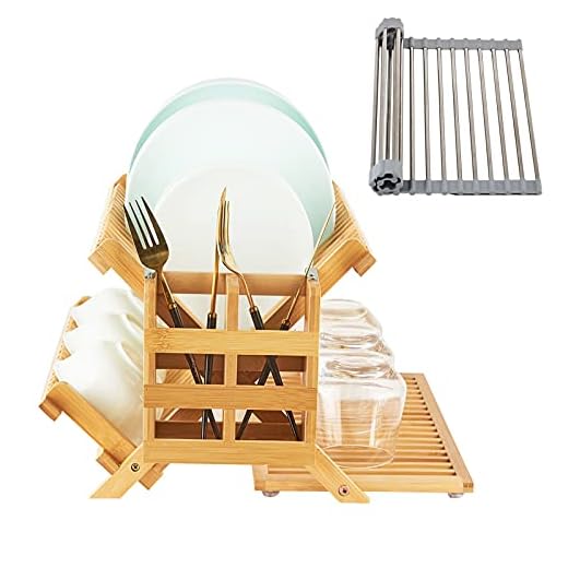 WORTHUG Bamboo Dish Drying Rack Set, 3-Tier Collapsible Bamboo Drainer Dish Drying Rack with Utensil Holder,Multipurpose Roll-Up Dish Drying Rack