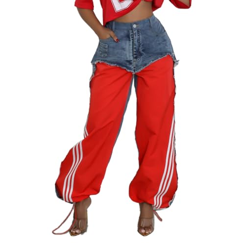 Womens Straight Leg Jeans High Waist Patchwork Stripes Loose Denim Pants Color Block Baggy Jeans