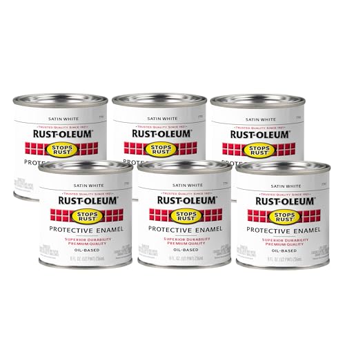 Image of Rust-Oleum Stops Rust Brush On Protective Enamel Paint, Satin White | Rust and Corrosion Resistant, Indoor and Outdoor Durability, Beautiful Finish on Metal, Wood and More, Half Pint, 6 Pack