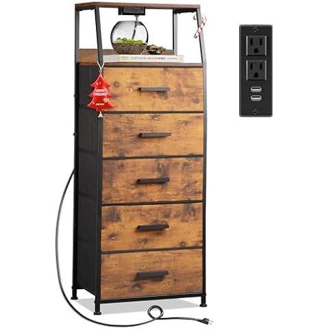 NASHZEN Nightstand 5 Drawer Dresser with Charging Station, Side Table with Fabric Drawers, End Table with Open Shelf, Tall Dresser for Bedroom, Hallway, Entryway Cover