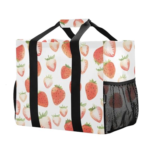 JUNZAN Cute Strawberries Utility Tote Foldable Beach Tote With Compartments Reusable Grocery Shopping Bags Canvas Travel Laundry Bag