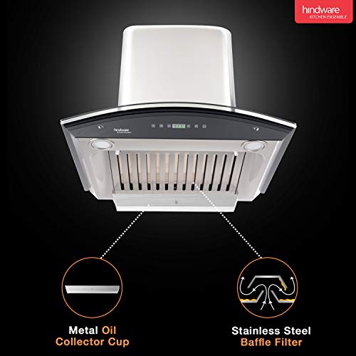 Image of Hindware Smart Appliances | Nevio 60 cm Chimney | 1200 CMH | Curved Glass | Auto Clean | Touch with Gesture Control | 10 Yrs Warranty on Motor & 2 Yrs on Product (1 Baffle Filter, Steel /Grey)