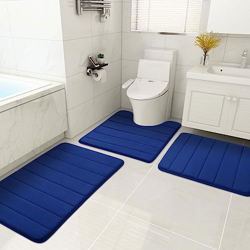 Image of Memory Foam Soft Bath Mats - Non Slip Absorbent Bathroom Rugs Rubber Back Runner Mat for Kitchen Bathroom Floors 16 inchx47 inch, Navy Blue