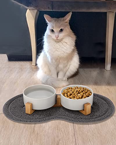 JOFLVA Futternapf Hund Keramik Futternapf Katze Doppelt Futternapf für Hunde und Katze mit Bambus Ständer und Rutschfester Unterlage (400ml, 2-Grau)