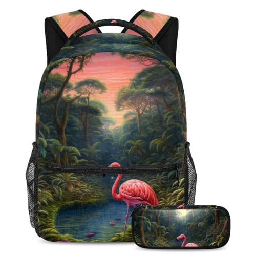 Cartable Flamingo 37 Tropical Pink avec trousse assortie grand format pour l'école