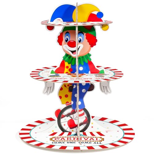 3-Tier Circus Theme Cupcake Stand Carnival Birthday Party Decoration Round Cardboard Cupcake Stand for Carnival Circus Themed Birthday Party Supplies