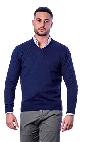 1stAmerican - Pull Homme à Col V Tricoté de Couleur Bleu Navy, Chandail de Marque, Vetement d'hiver en Soie et Cachemire à Manches Longues - Pullover Classic, Taille XXL Cover