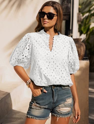 Womens Eyelet Summer Tops Lantern Short Sleeve Button V Neck Dressy Casual Blouses Hollow Out Embroidered Lace Shirts4