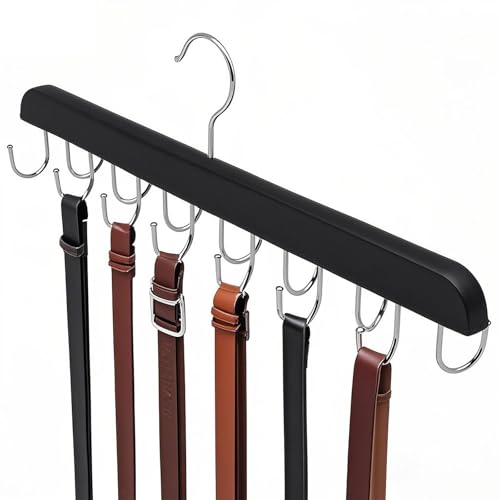 Wooden Belt Hanger for Closet with 14 180° Rotatable Hooks, 36.6×13.3cm Space-Saving Organizer for Belts, Ties, Bras, Tank Tops, Scarves and Accessories