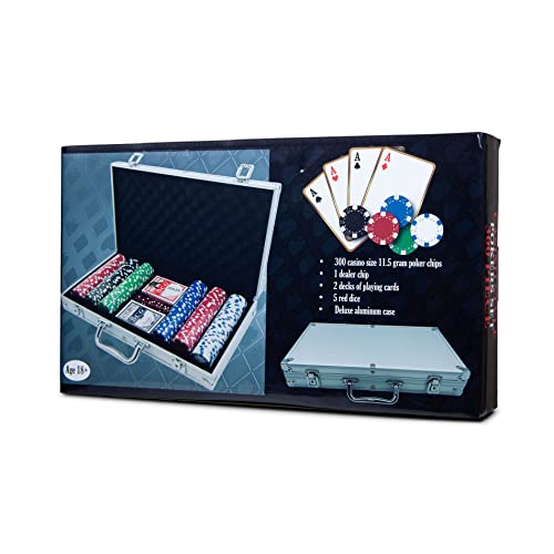 Premium Casino Style 300 Pieces Poker Chips Set, With Aluminum Finish Case, 2 Decks Of Cards, 5 Dice, 1 Dealer Button For Texas Holdem Blackjack Gambling #TOP1