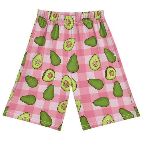 Pink Checked Avocados Sleep Shorts Summer Pajama Shorts Elastic Waist Sleep Bottoms with Pockets 6-14 Years