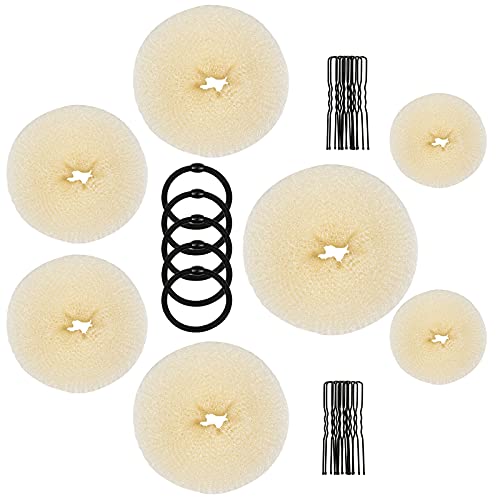 Donut Bun Maker, MORGLES Hair Bun Maker 7pcs Hair Ring Style Bun Maker Set with 5pcs Hair Elastic Bands, 20pcs Hair Pins (Golden)