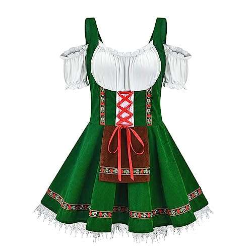 Genérico Disfraz Oktoberfest Mujer, Dirndl Mujer Oktoberfest Conjunto Festival, Vestido con Delantal Traje Disfraz Tirolesa Gasa de Encaje Dobladillo con Bordado Floral y Volante