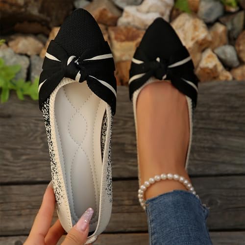 Women's Dressy Casual Flats Pointed Toe Bow Knit Ballet Shoes Comfortable Mesh Slip On Flat Elegant Single Shoe2