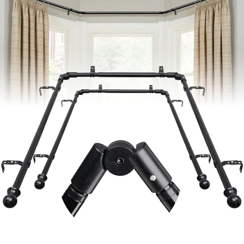 Bay Window Curtain Rods, 2PCS 1 Inch U shaped Adjustable curtain rods for bay windows 59 to 184 Inches, Heavy Duty Curtain Rods with Brackets for Bedroom, Living Room Curtains Black