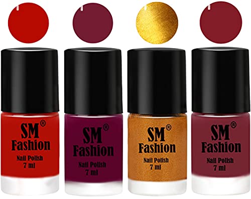 Image of Nail Polish Combo Set (Pack of 4) Quick Dry Gel Finish Nail Paint | Red Orange,Mulberry,Golden,Lip | 7 ml Each
