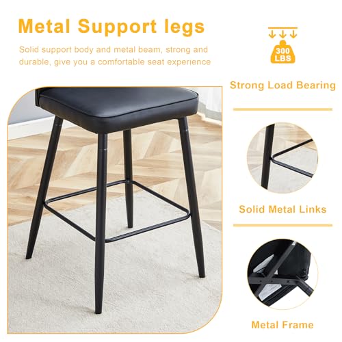 Image of Counter Height Bar Stools Set of 6,27''Kitchen Island Stools with Back,Black Barstools with Sturdy Metal Legs,Modern Bar Stools Ideal for Kitchen Island Pub Cafe(Faux Leather-Black)