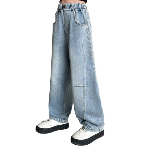 Teen Girls Jeans Wide Leg High Waist Baggy Denim Pants with Pockets Y2K Elastic Waistband Casual Streetwear Outfits