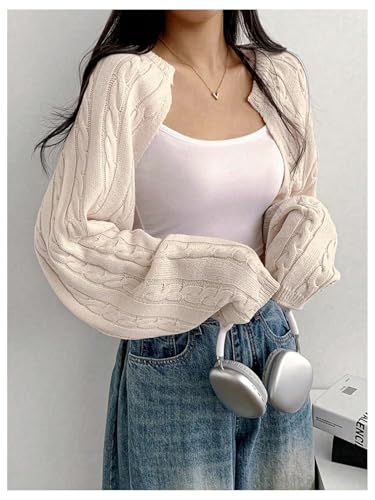 OYOANGLE Women's Cable Knit Open Front Bolero Shrugs Long Sleeve Lightweight Cropped Cardigan Sweaters2