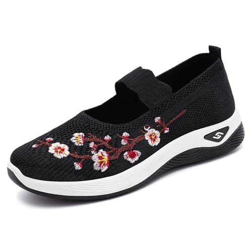 Flower Embroidered Slip On Knitting Flat Loafers for Women Comfortable Soft Sole Tennis Shoes Breathable Mesh Comfy Platform Non Slip Walking Sneakers
