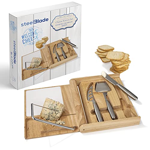 Steelblade Set Utiles Queso en Madera de Roble - Lira Queso + Tabla de Corte + Juego 3 Cuchillos Queso en Acero Inoxidable, 0522260