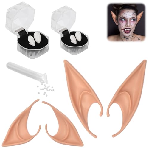 2 pares de orelhas de elfo de mulher e 2 pares de dentaduras, orelhas de duende de látex suave Anime Props, acessórios de asas de fada para vestir elfos cosplay Halloween carnaval festa