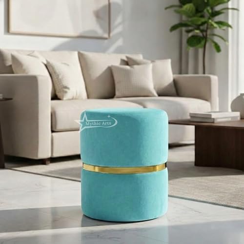 Image of Round Single Strip Upholstered Stool Living Room Foot Rest Linen Fabric Padded Seat Pouf Ottoman Office Stool Aqua