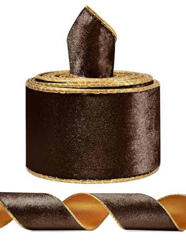 Brown Wide Velvet Ribbon Wired for Christmas Tree Garland Wreath 2.5 Inch 5 Yards