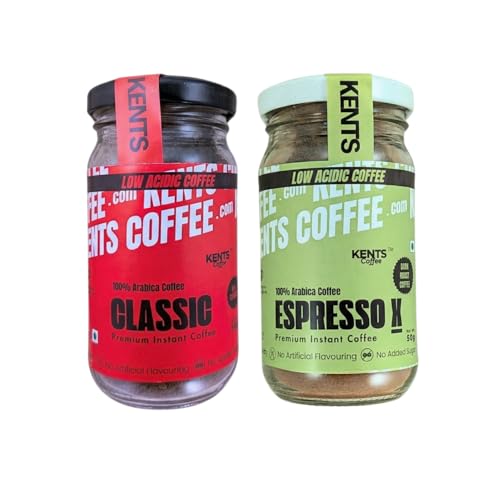 Image of Kents Coffee Non Flavour Combo - Classic & Espresso X Instant Coffee 2 x 50g Jars | LOW ACIDIC COFFEE COMBO | 1 Medium Roast x 1 Dark Roast |100% Arabica Coffee | No Added Sugar | 90 Cups Serves | CHIKMAGALUR | NO Flavour | Perfect for Hot & Cold Cups | Espresso, Latte & Flavoured Brew