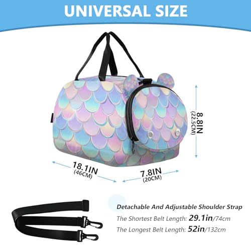 Gym Travel Duffle Bag for Boys Girls Mermaid Scales Pattern Sports Dance Bag with Shoe Compartment & Wet Pocket Football Kids Travel Bag Teens Sleepover Carry3