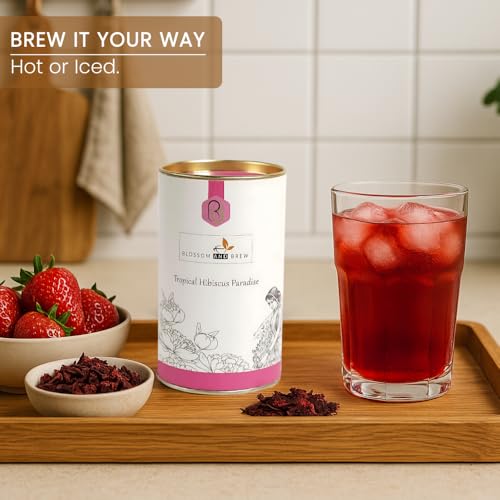 Image of Blossom & Brew Tropical Hibiscus Paradise Tea(1.76oz) - 100% Dried Hibicus Flowers - Caffeine-free Loose Petals Floral infusion Te De Flor De Jamaica - Natural Agua de Jamaica