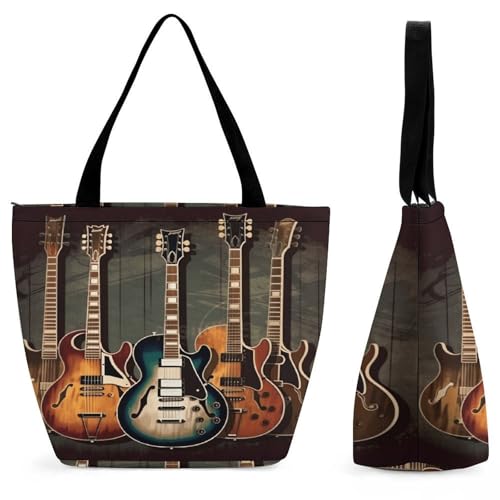 Shopping Zippered Tote for Women,Guitars Art Print Tote Bag,Top Handle Satchel Handbags,Reusable Grocery Shoulder Bag