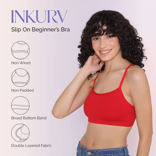 Image of INKURV Slip On Beginner's Bra for Girls & Teenagers, Non Padded Sports Bra| Adjustable Straps with No Hooks| Double Layered Fabric, Non-Wired Seamless Bralette for Gym-Combo of 2