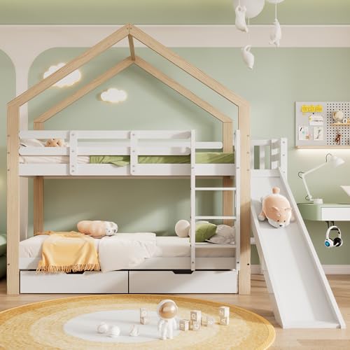 Litera con tobogán y escalera angular de tres niveles, cama con protección contra caídas y 2 cajones, marco de cama de madera maciza, color blanco y natural, 90 x 200 cm