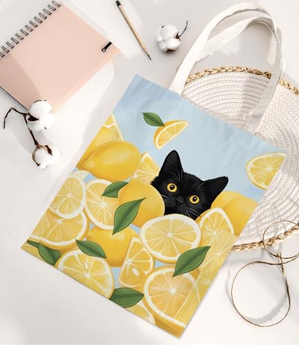 Image of Cute Cat Canvas Tote Bag for Women， Aesthetic Reusable Shoulder Bag for Shopping Travel Work