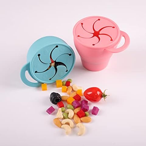 Baby Snack Cup Collapsible Silicone Snack Pot Snack Catcher with lid for Toddler and Baby 2Pack(Green+Pink) Cover