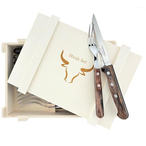 Mythos Kitchen Steak Besteck in Holzkiste für Tramontina GAUCHO 12-tlg - Geschenk (Box), Verpackung...