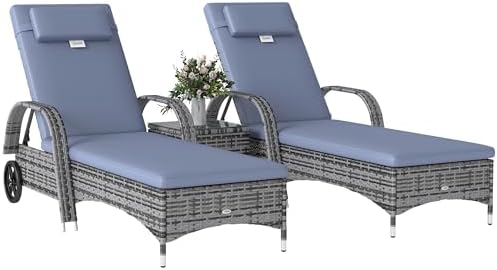 Outsunny Rattan Sun Loungers for Garden Set of 2 with Side Table,...