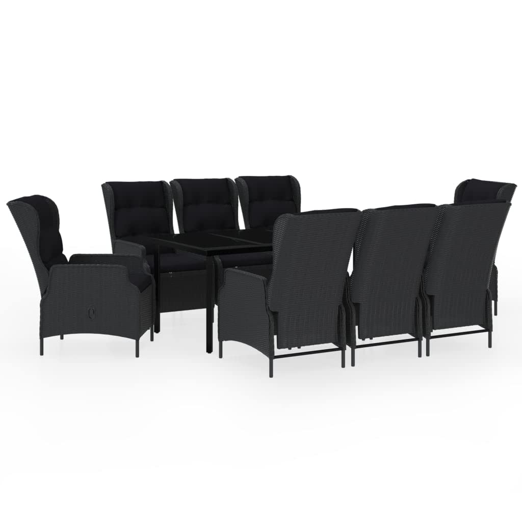 Juego de 9 muebles de jardín de polirratán gris oscuro con 1 mesa de cristal de 200 x 100 cm y 8 sillones de jardín ajustables, incluye cojines para jardín y terraza