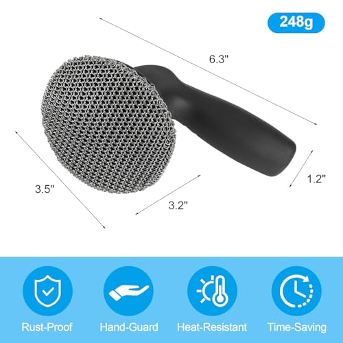 Image of Upgraded Fine-Ring Chainmail Scrubber with 3.5 inch Diameter Large Brush Head and Ergonomic Handle, 316 Stainless Steel Cleaner for Deep Pots, Large Skillets, Heavy Cookware