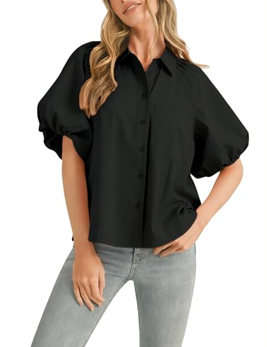 Seetaa Women's Button Down Shirt Puff Sleeve Collared V Neck Loose Casual Dressy Blouse Top(Black-1-XS)