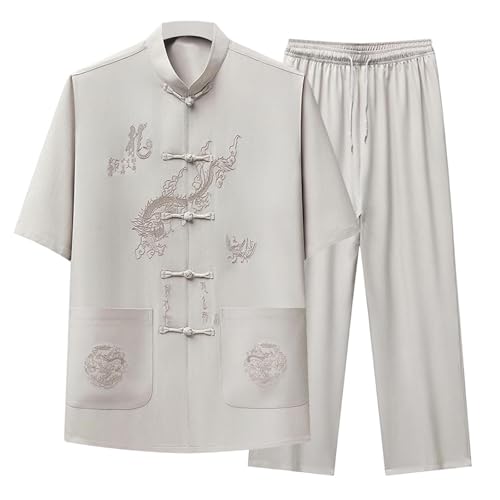 Cambkatl Men's Dragon Embroidered Tang Suit Chinese Traditional Mandarin Collar Kung Fu Shirts Short Sleeve Tai Chi Outfits